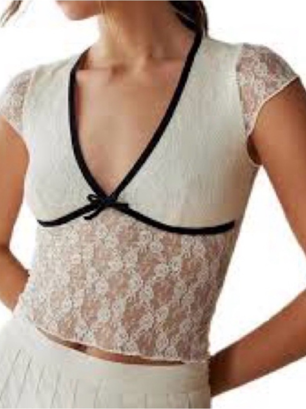 Kimchi Blue Cream Lace Black Trim Sheer Babydoll Top Large Coquette Y2K Dainty